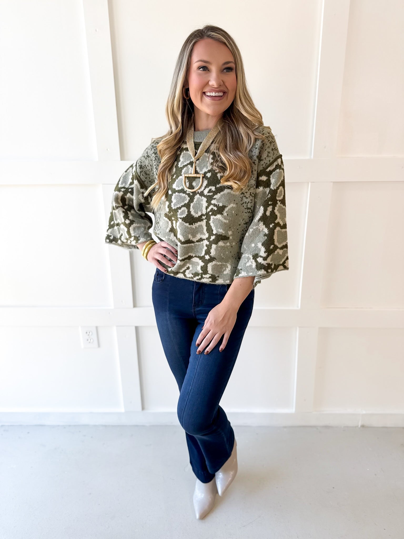 Abstract Print Knit Top- Olive