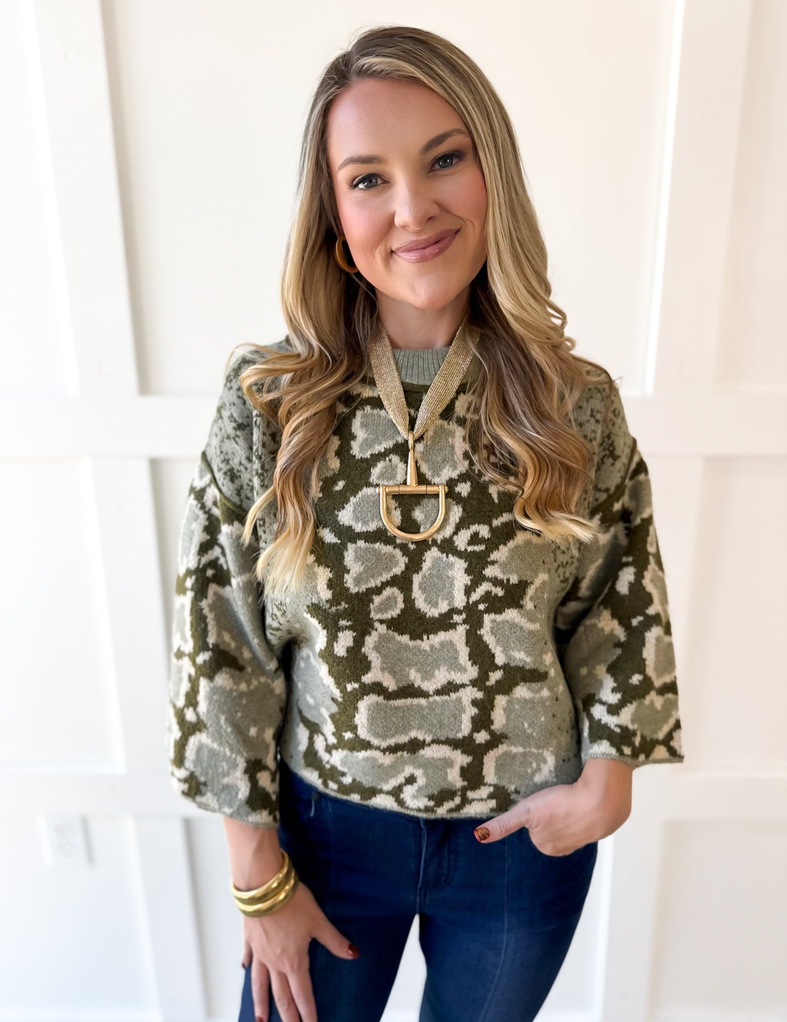 Abstract Print Knit Top- Olive