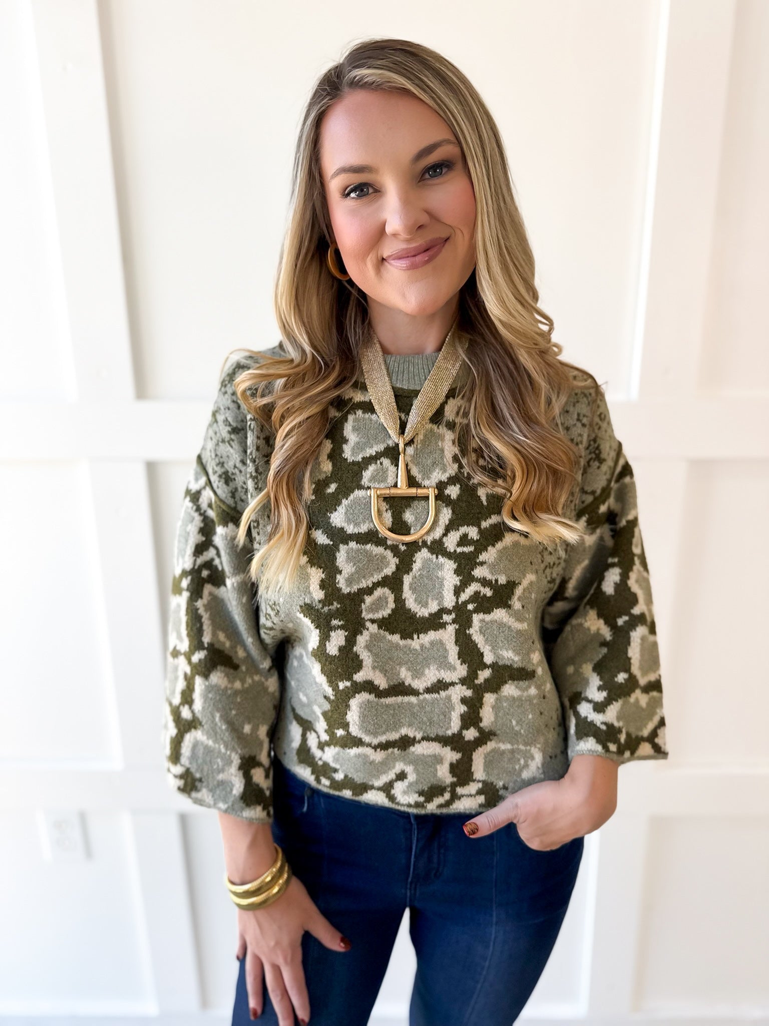 Abstract Print Knit Top- Olive