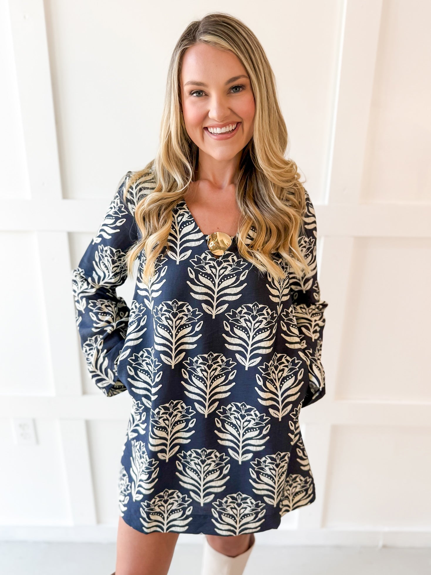 Abstract Print Shift Dress - Navy