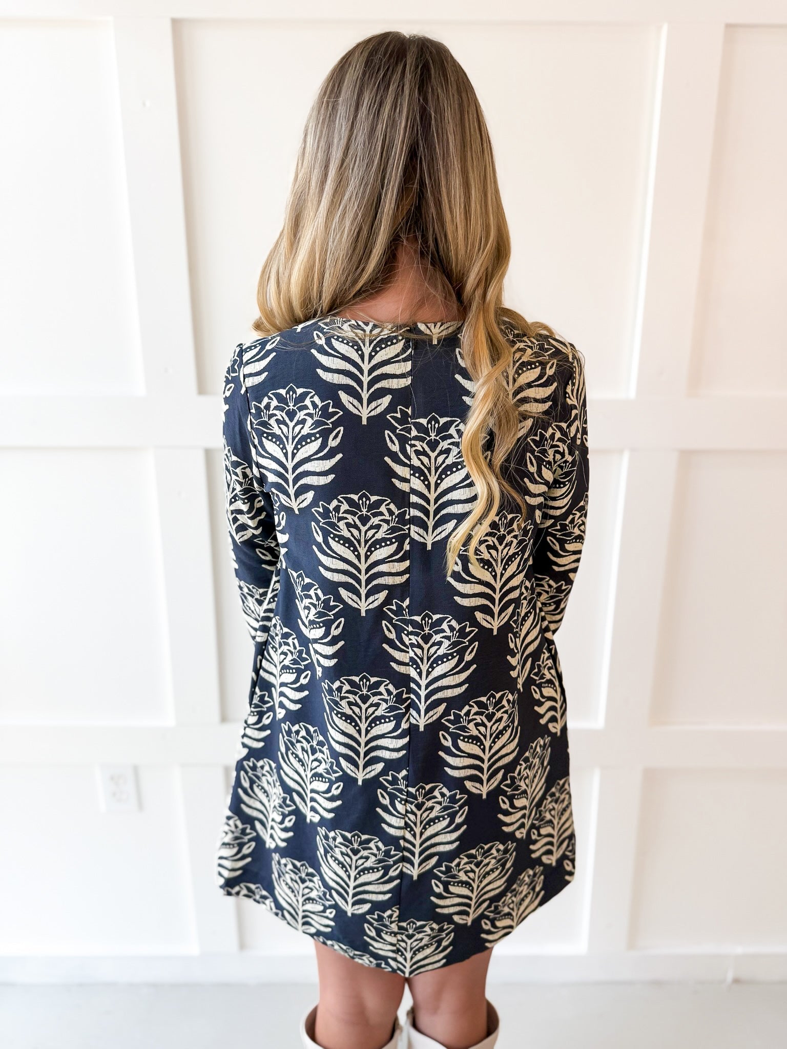 Abstract Print Shift Dress - Navy