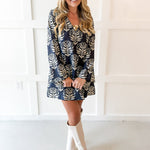 Abstract Print Shift Dress - Navy