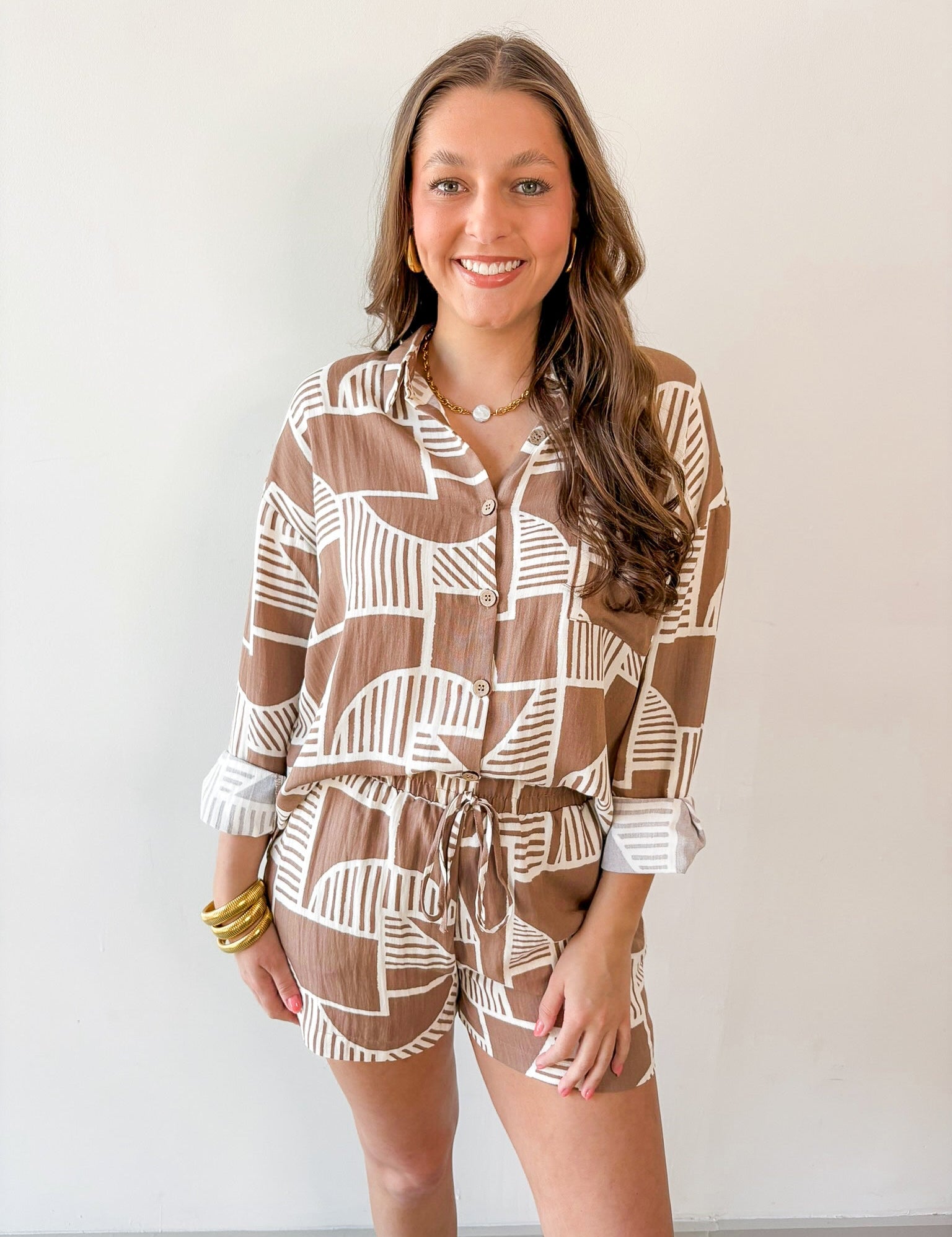 Abstract Print Shirt & Short Set - Mocha