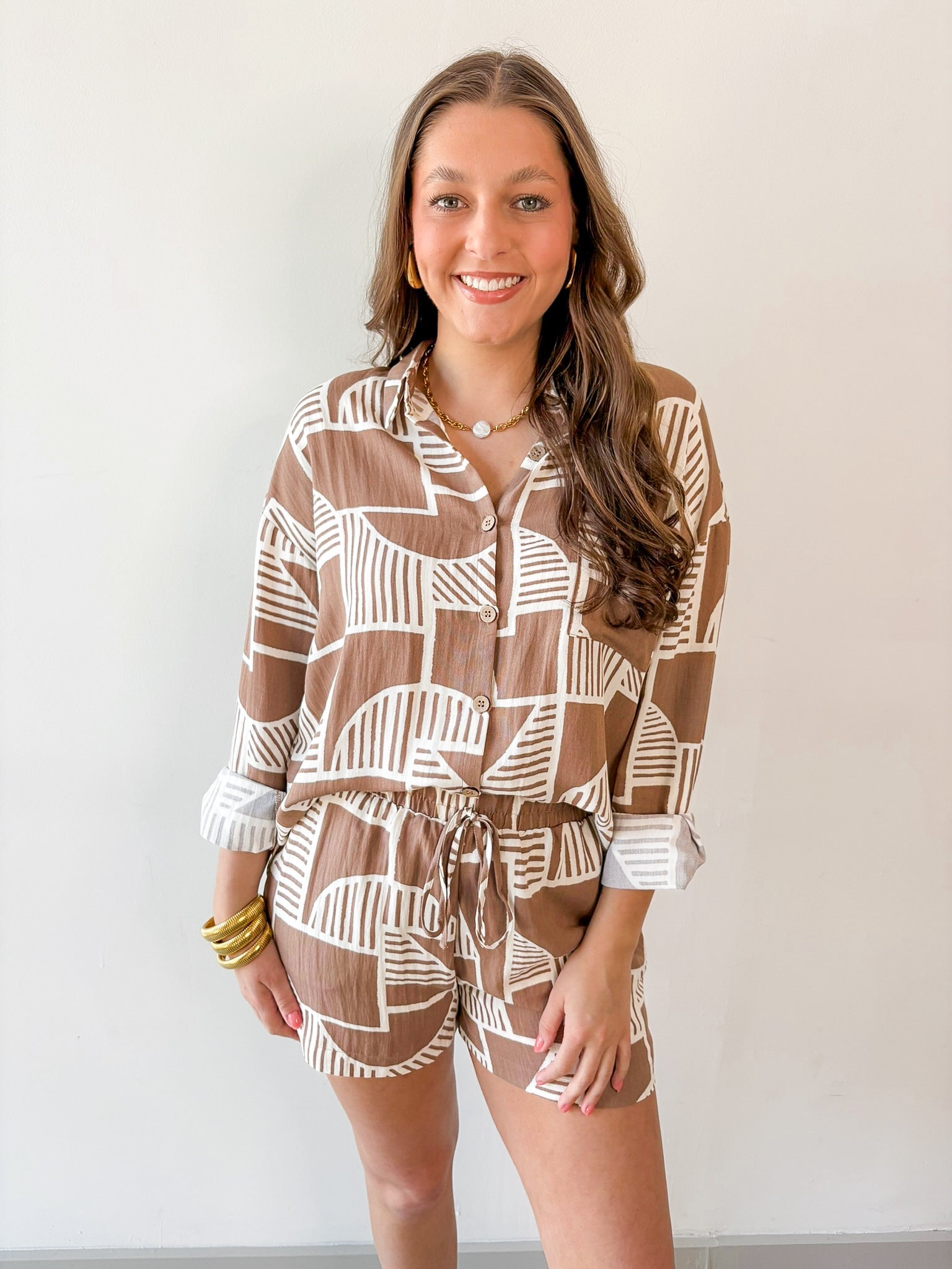 Abstract Print Shirt & Short Set - Mocha