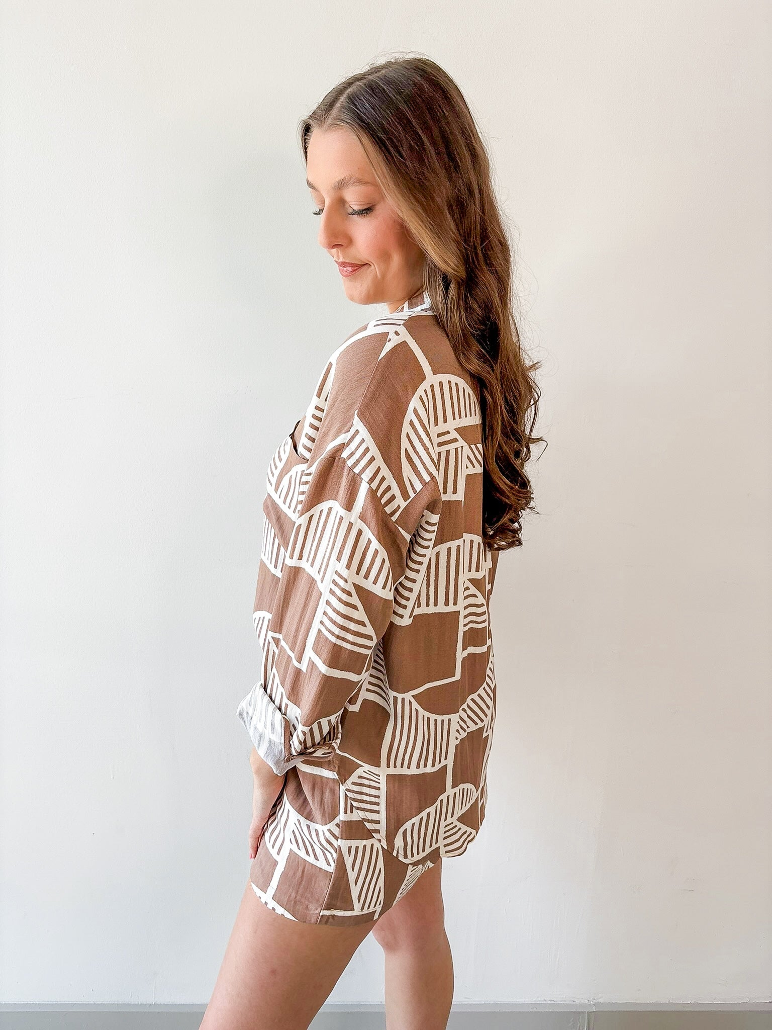 Abstract Print Shirt & Short Set - Mocha