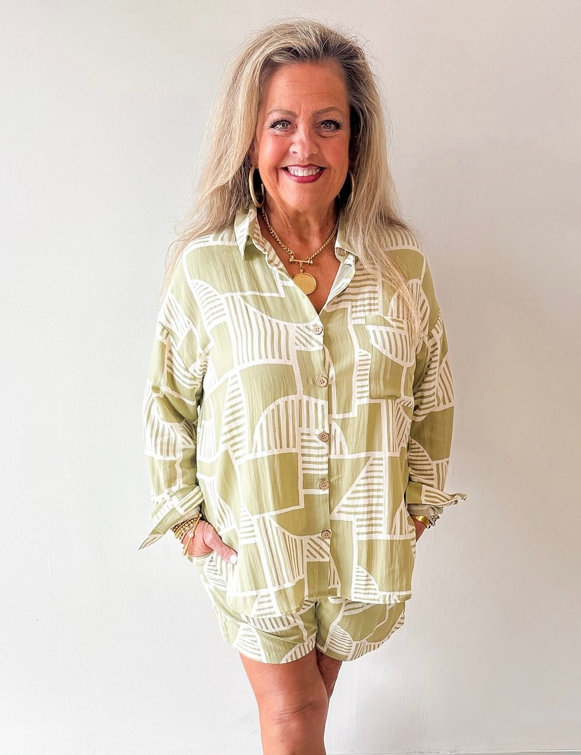 Abstract Print Shirt & Short Set - Olive
