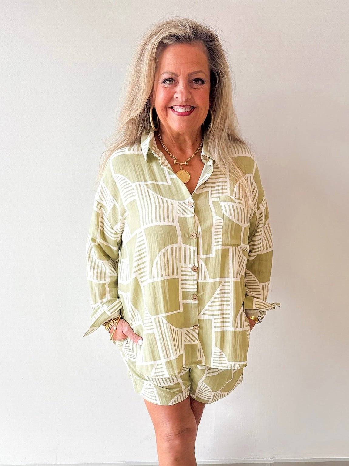 Abstract Print Shirt & Short Set - Olive