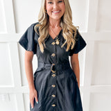 Accent Button With Belt Dress - Black