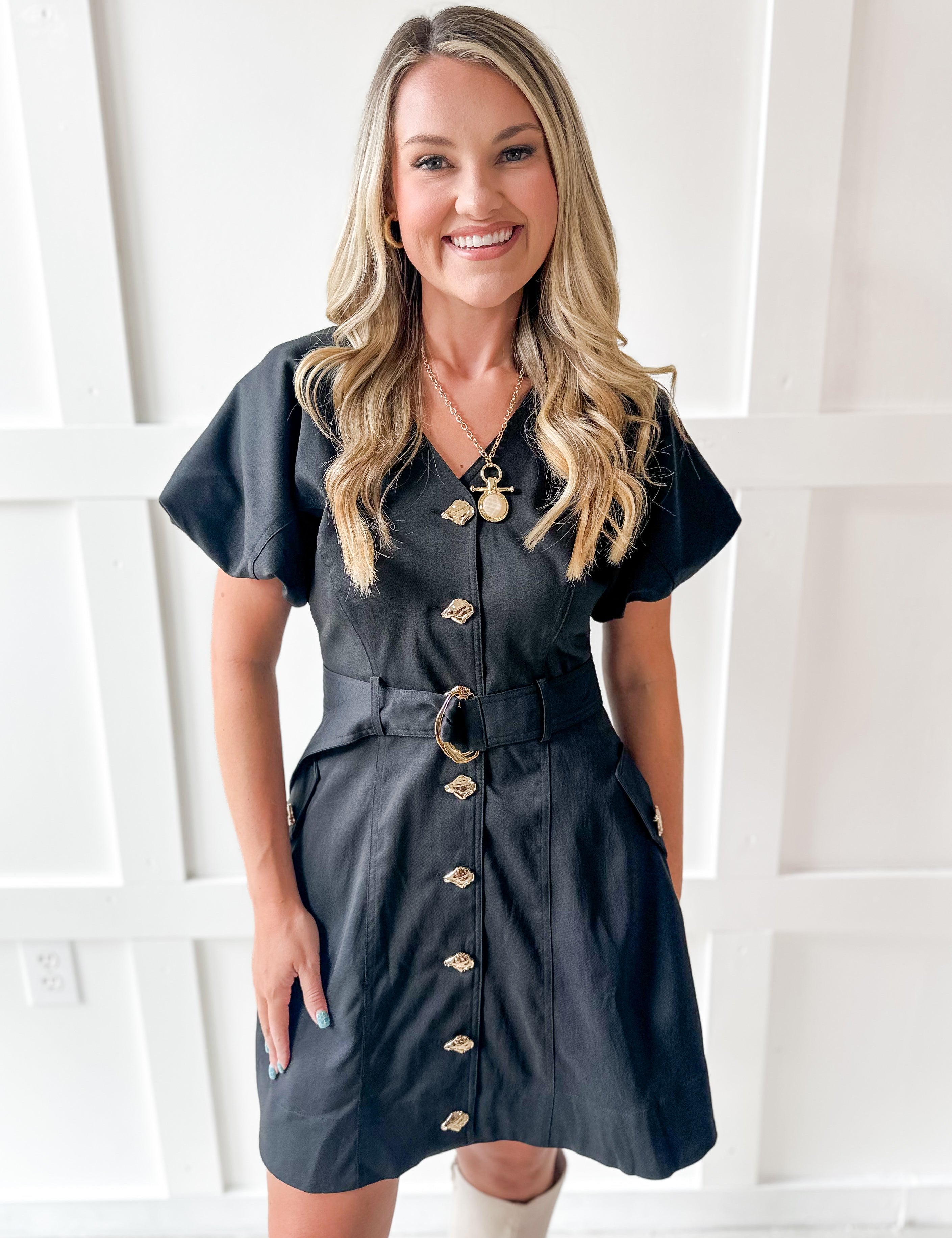 Accent Button With Belt Dress - Black