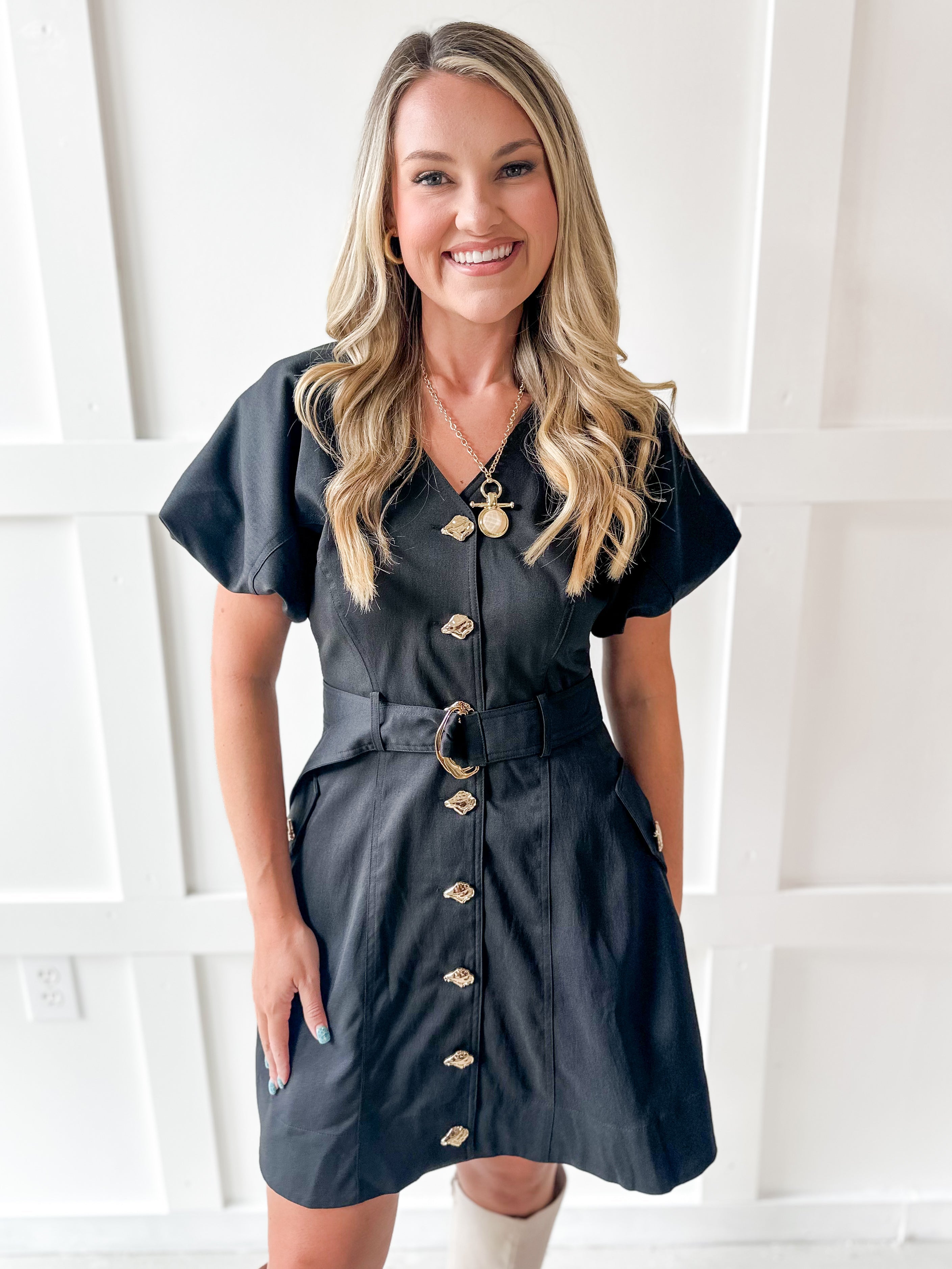Accent Button With Belt Dress - Black