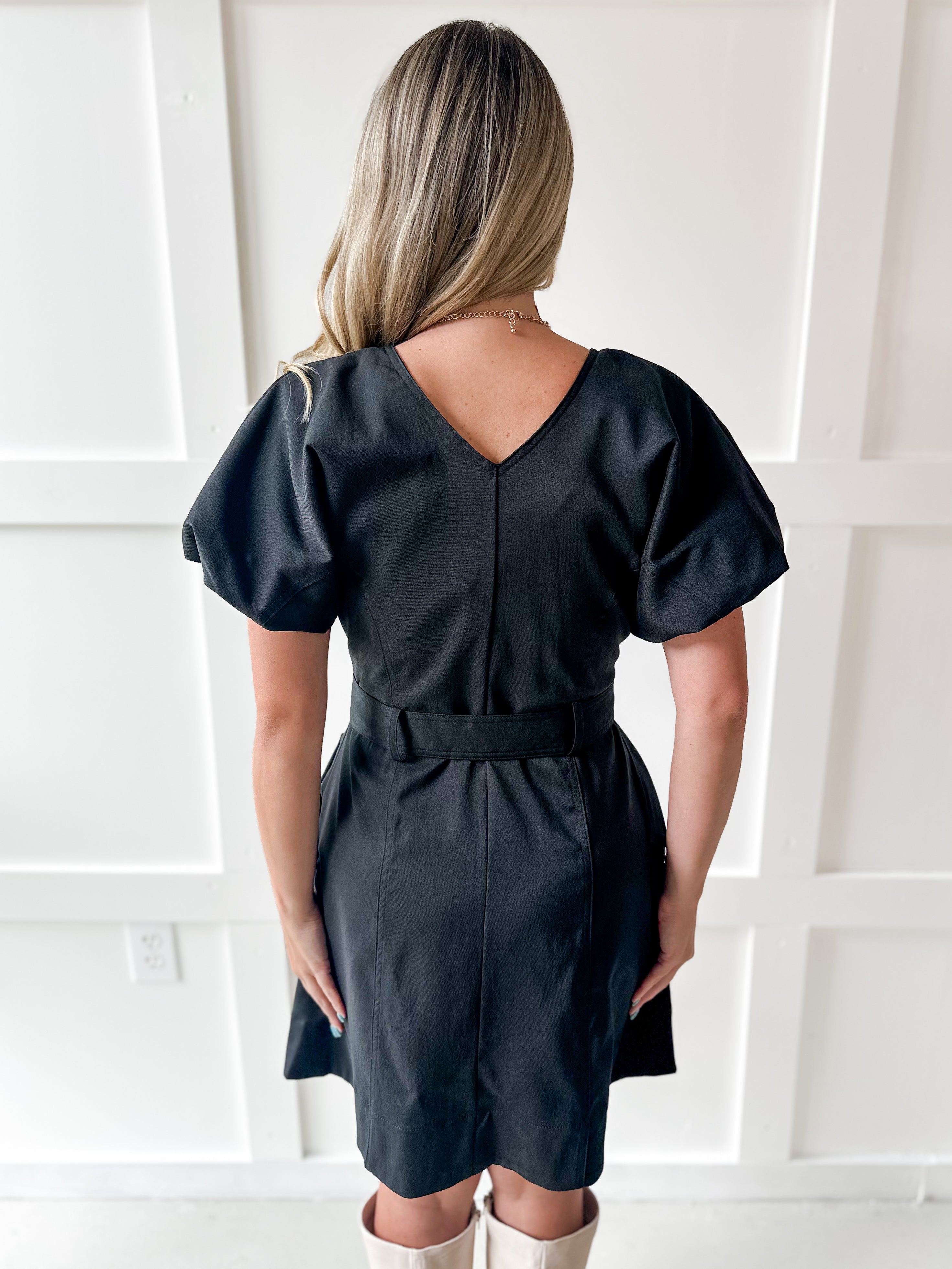 Accent Button With Belt Dress - Black