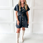 Accent Button With Belt Dress - Black