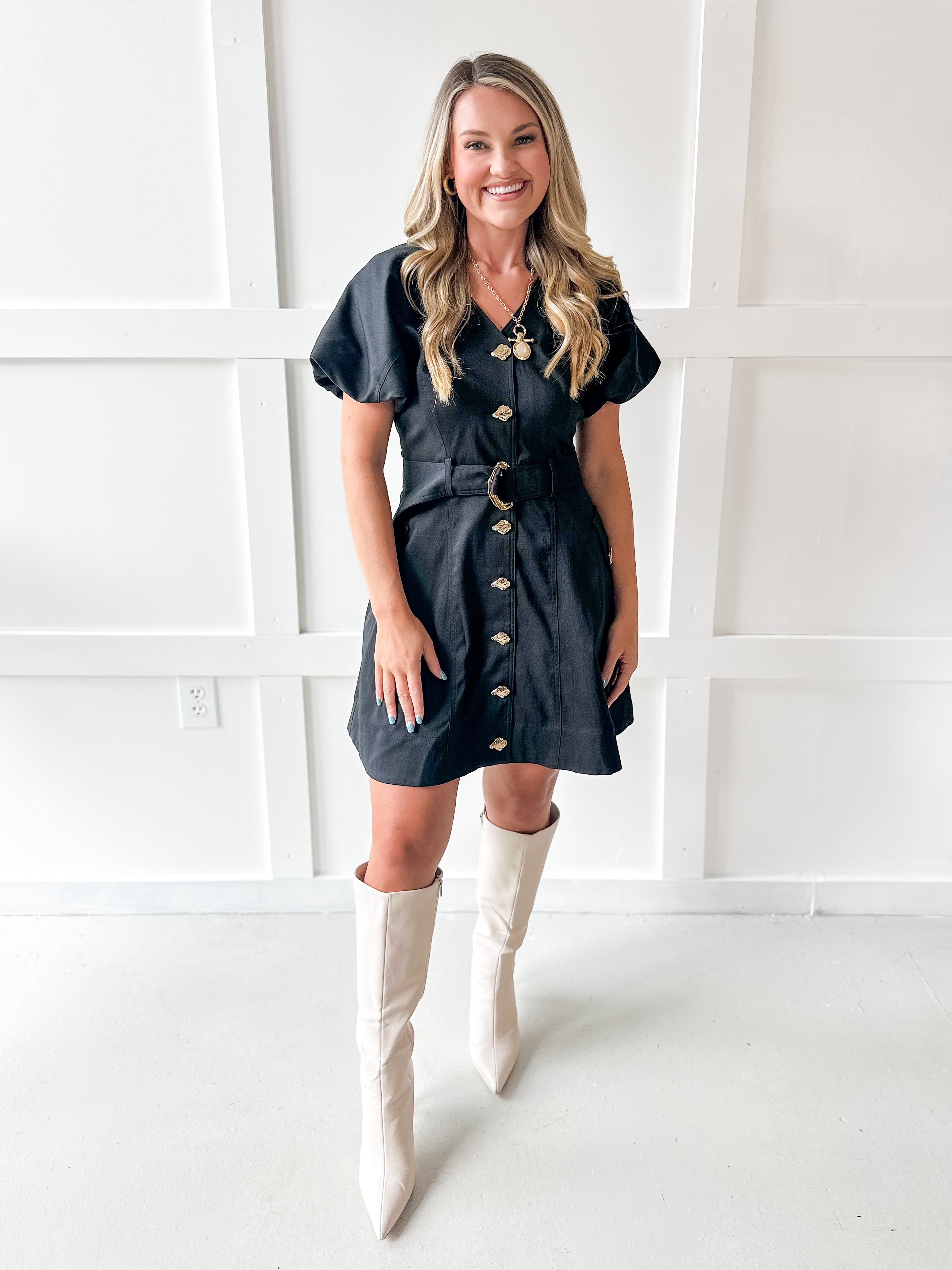 Accent Button With Belt Dress - Black