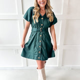 Accent Button With Belt Dress - Hunter Green