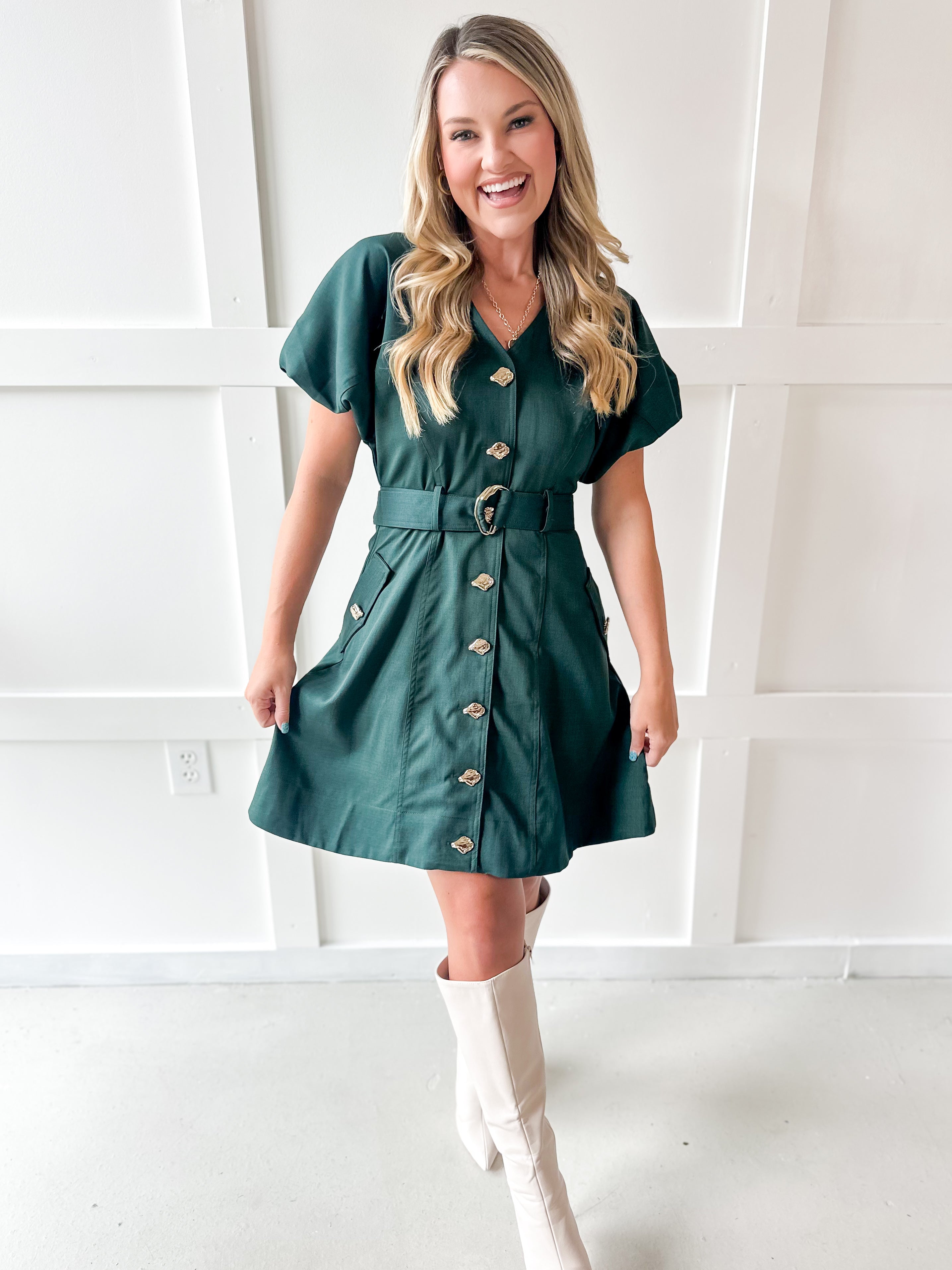 Accent Button With Belt Dress - Hunter Green