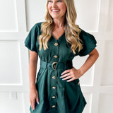 Accent Button With Belt Dress - Hunter Green