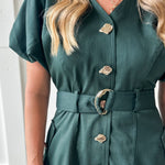 Accent Button With Belt Dress - Hunter Green