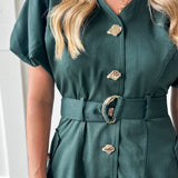 Accent Button With Belt Dress - Hunter Green