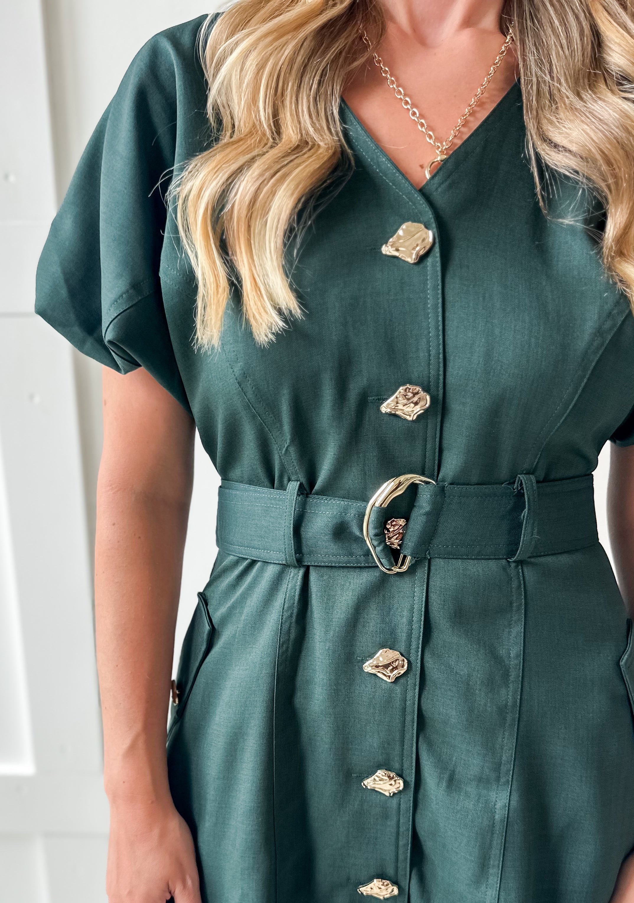 Accent Button With Belt Dress - Hunter Green