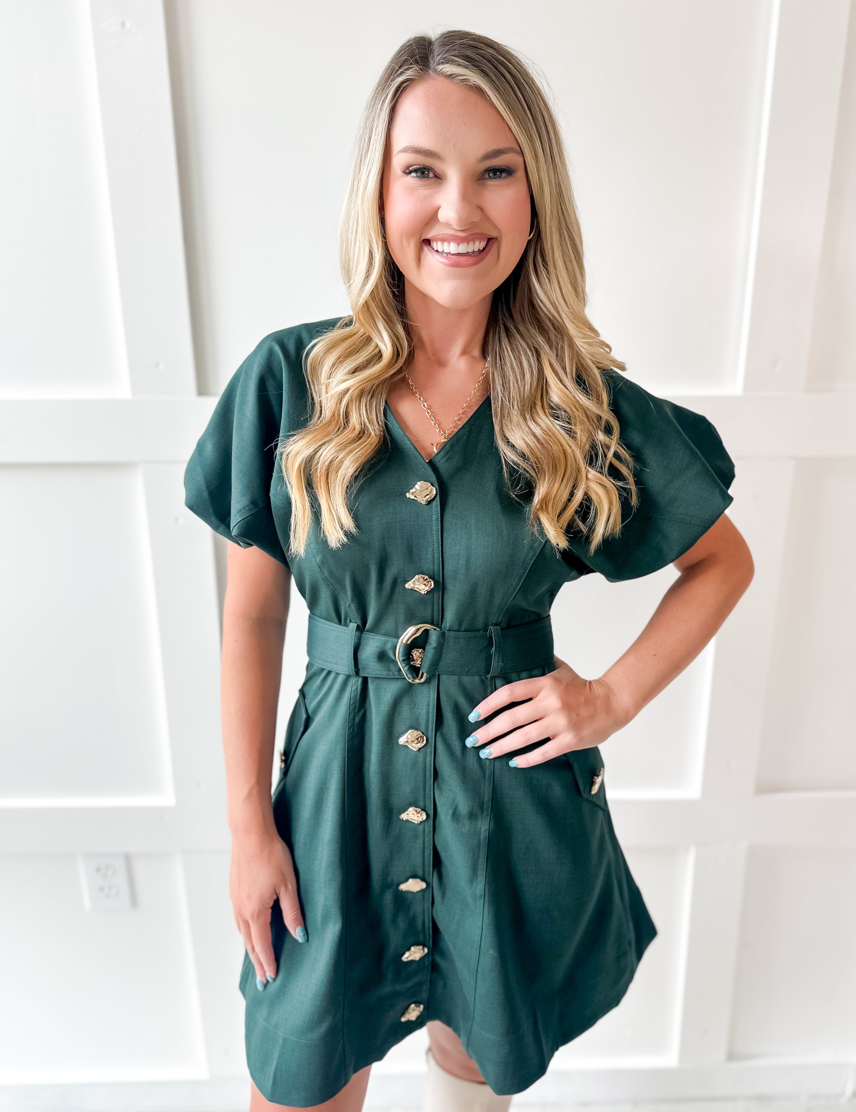 Accent Button With Belt Dress - Hunter Green