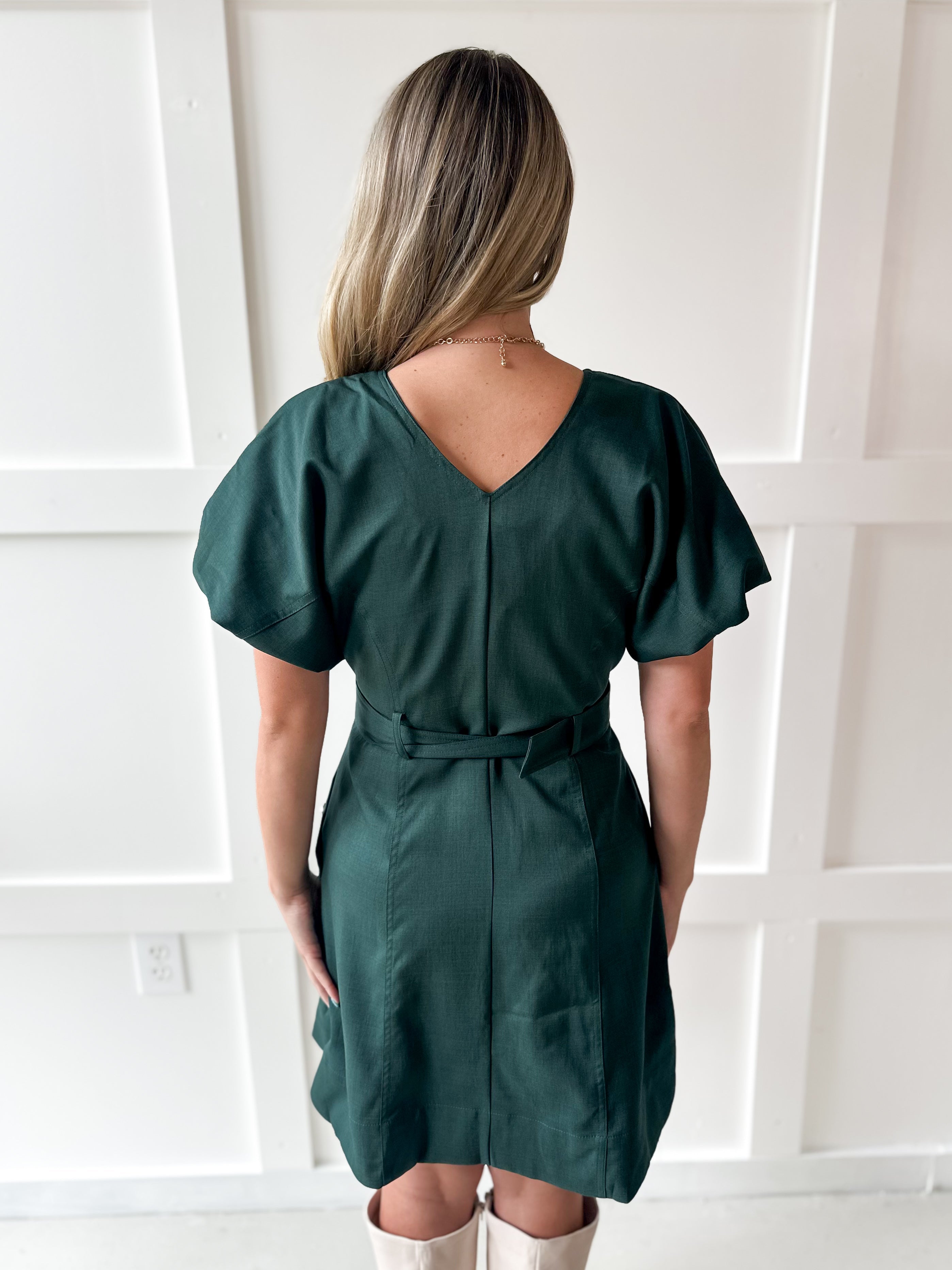 Accent Button With Belt Dress - Hunter Green