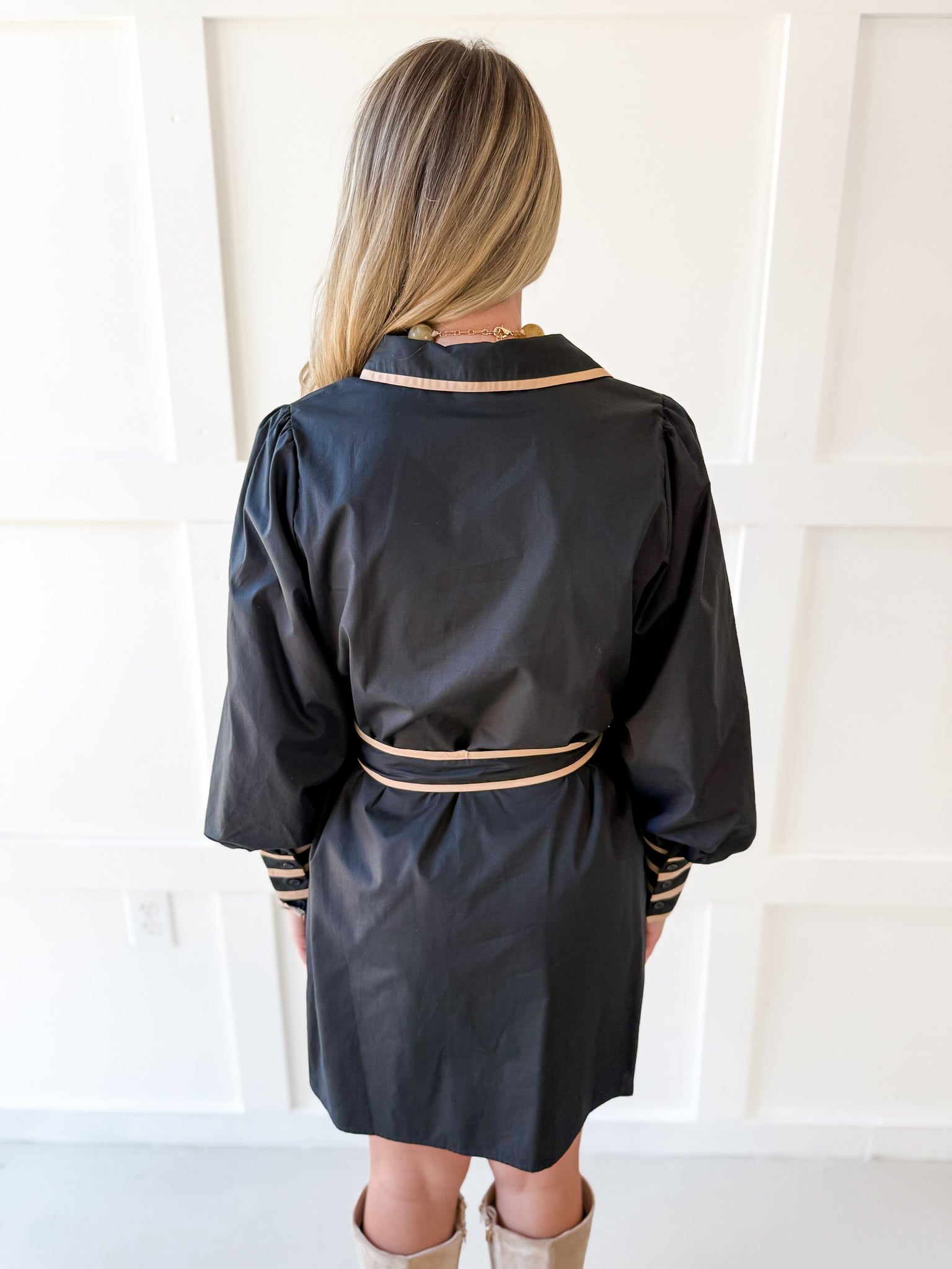 Accent Details Tie Waist Dress- Black