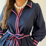 Accent Details Tie Waist Dress - Navy