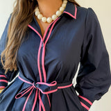 Accent Details Tie Waist Dress - Navy