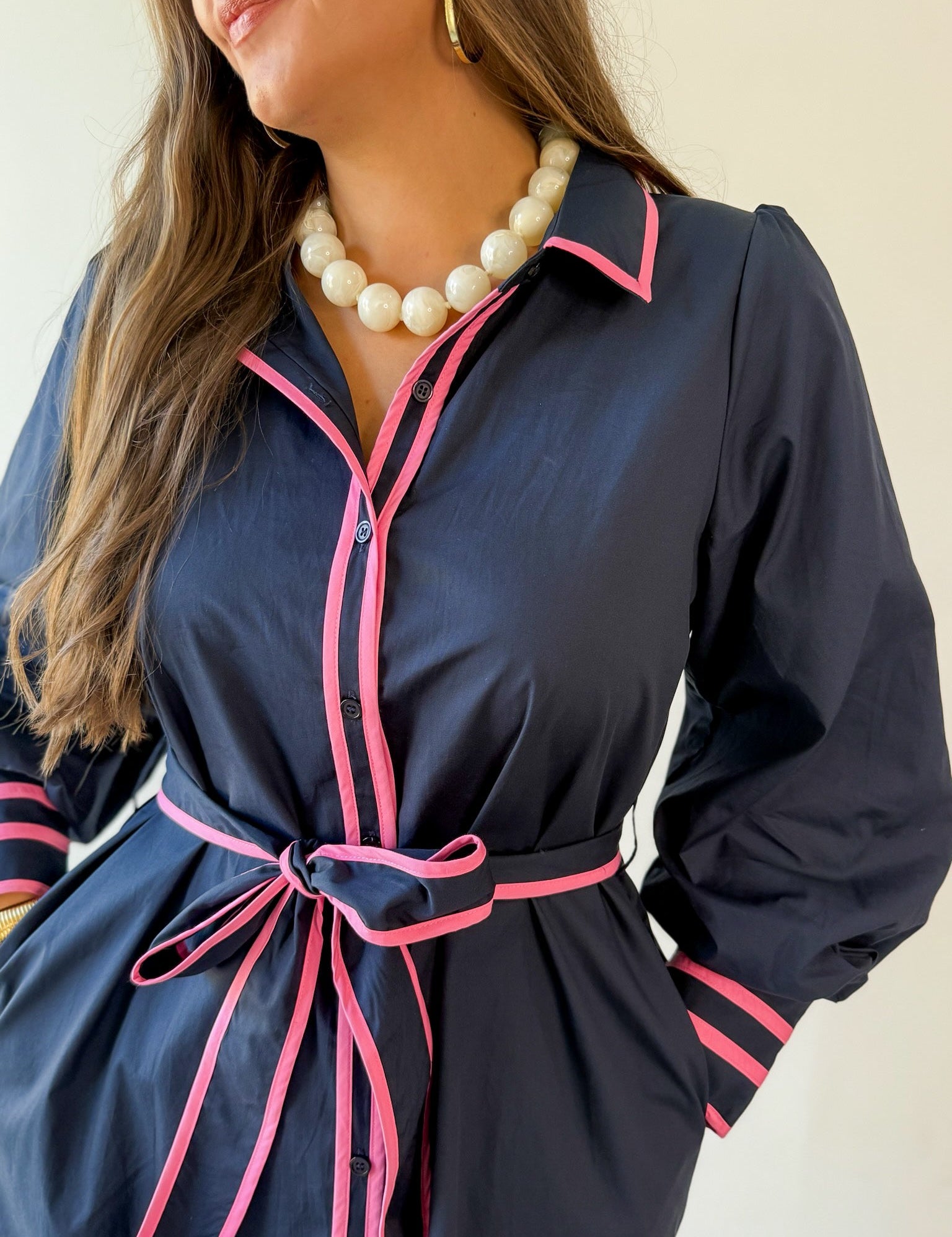 Accent Details Tie Waist Dress - Navy