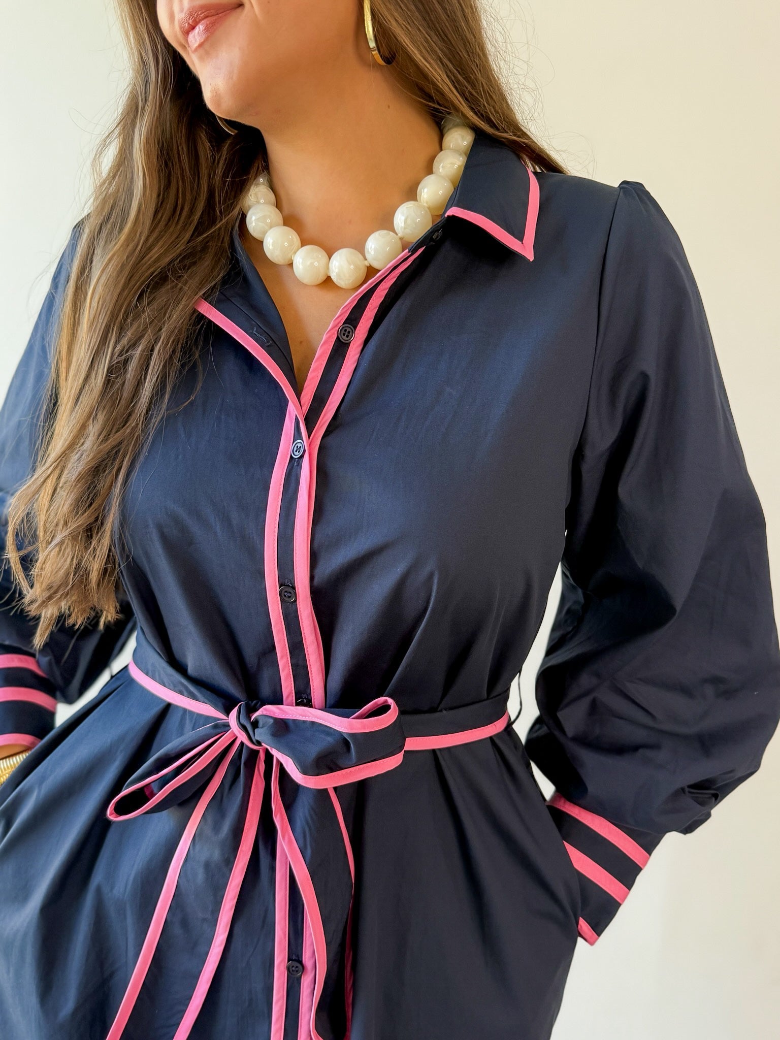 Accent Details Tie Waist Dress - Navy