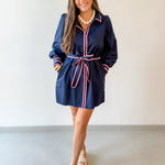 Accent Details Tie Waist Dress - Navy