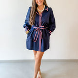 Accent Details Tie Waist Dress - Navy