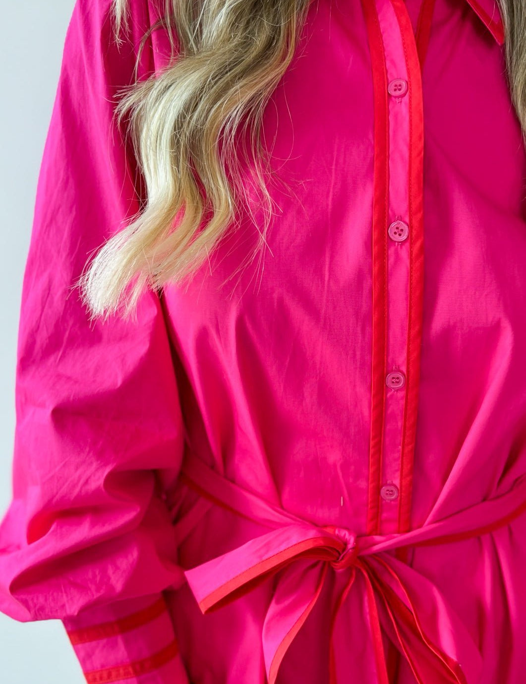 Accent Details Tie Waist Dress - Pink