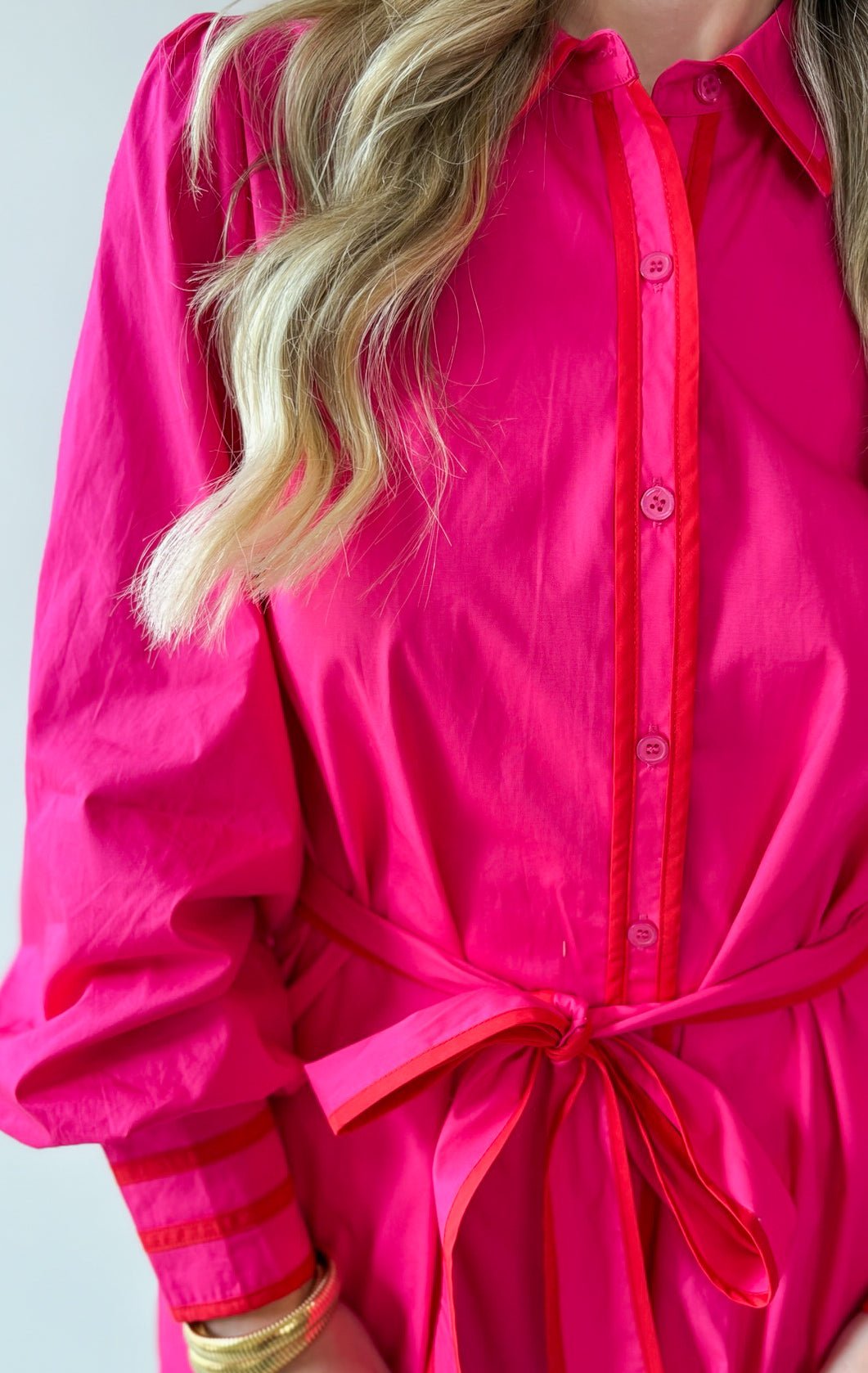 Accent Details Tie Waist Dress - Pink