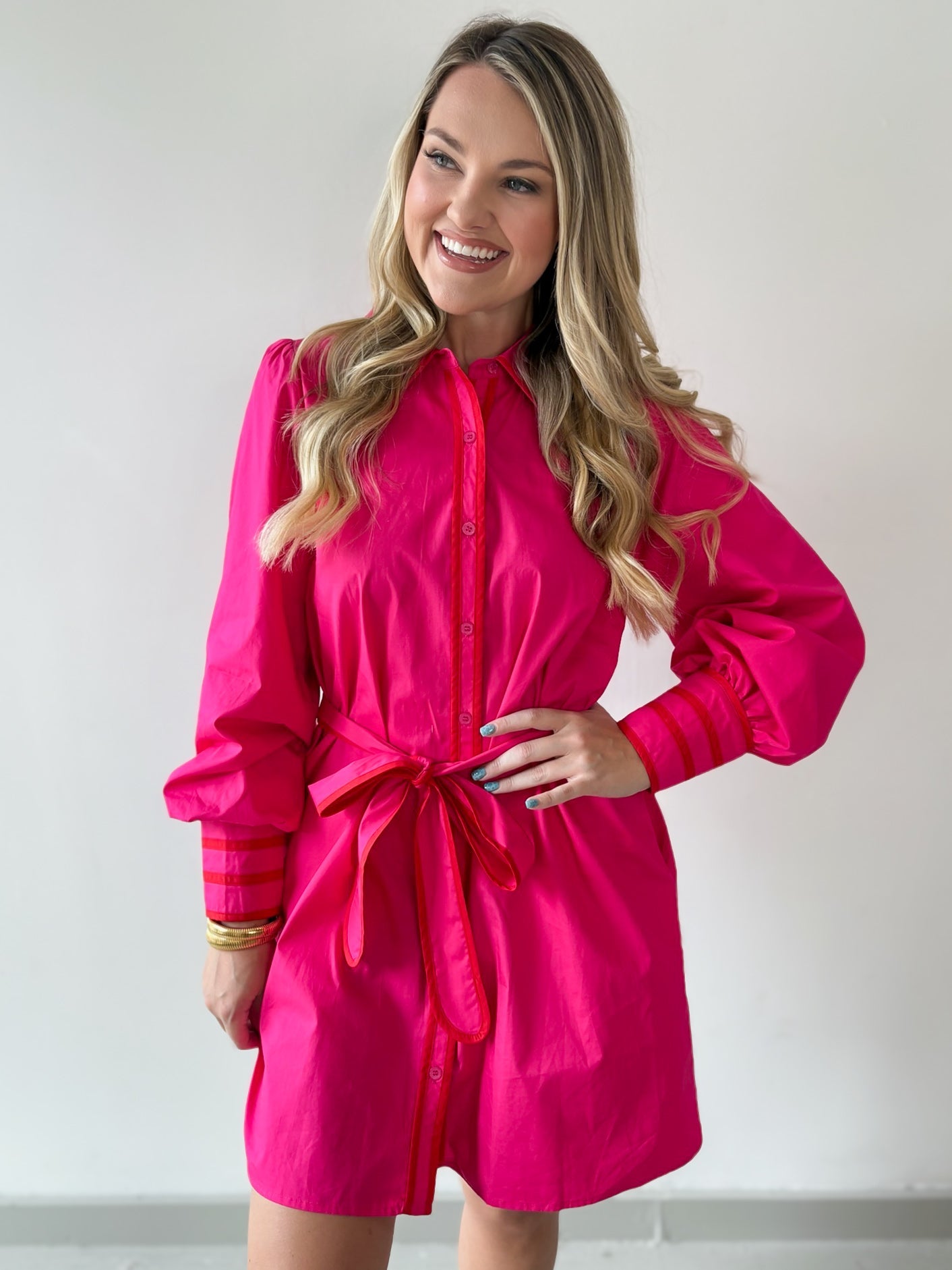 Accent Details Tie Waist Dress - Pink