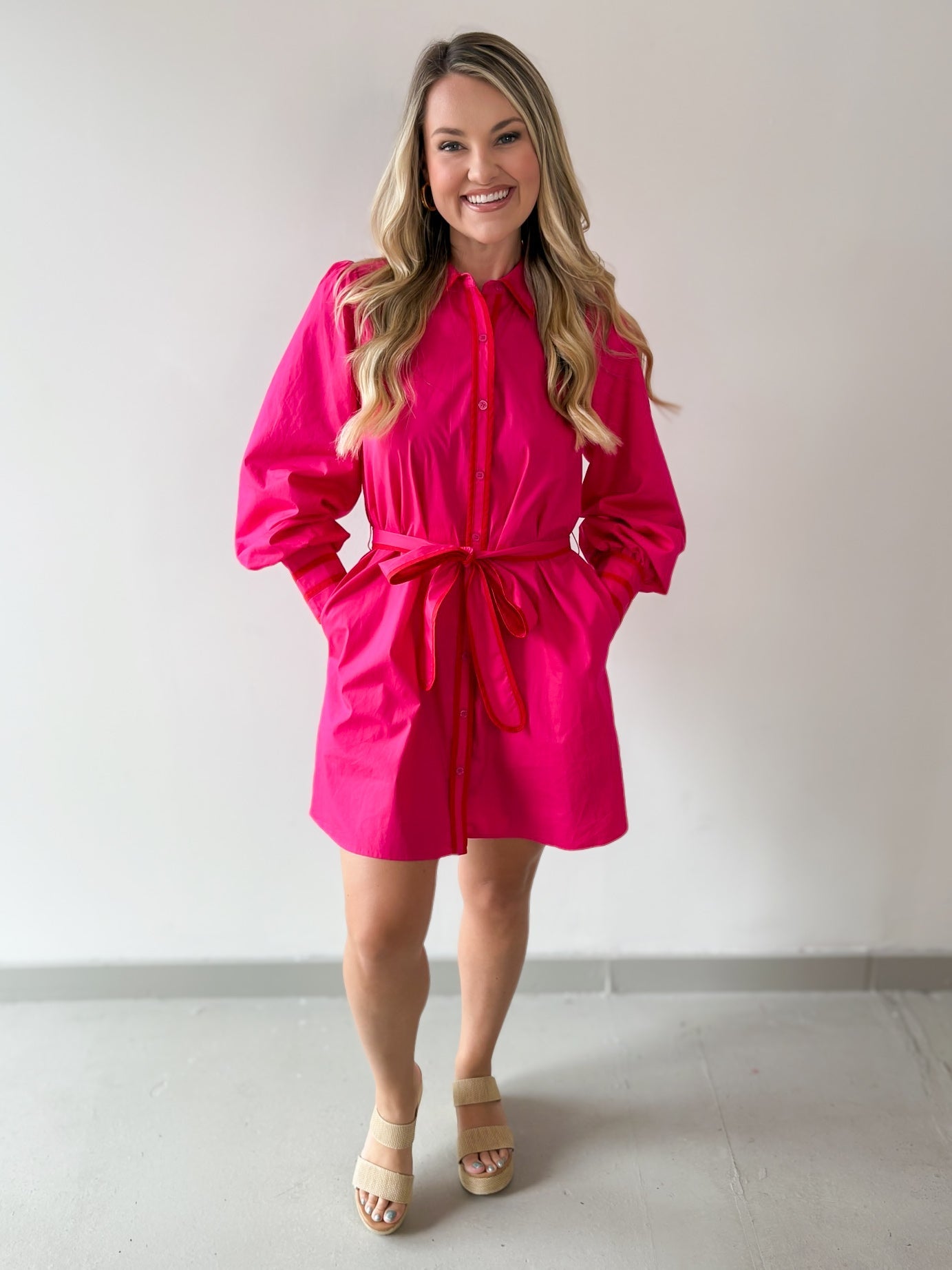Accent Details Tie Waist Dress - Pink