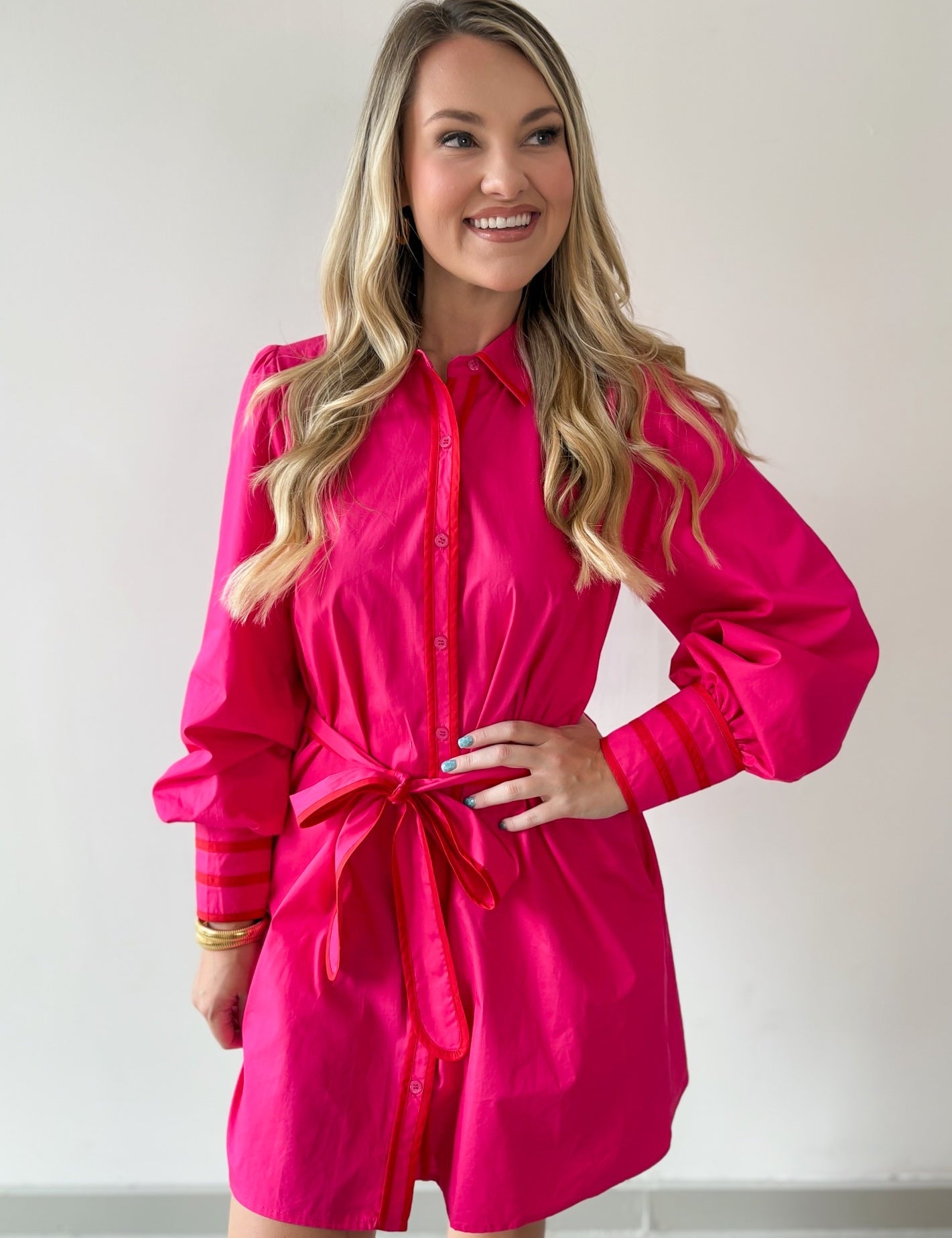 Accent Details Tie Waist Dress - Pink