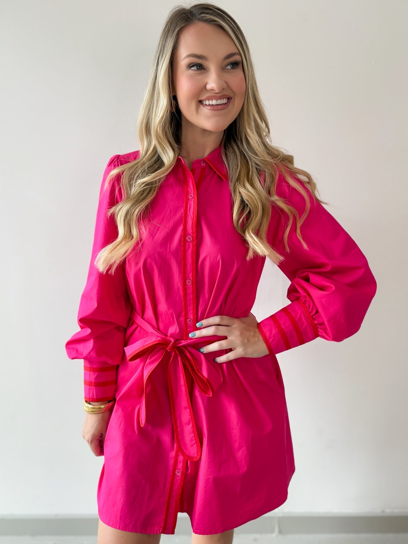 Accent Details Tie Waist Dress - Pink