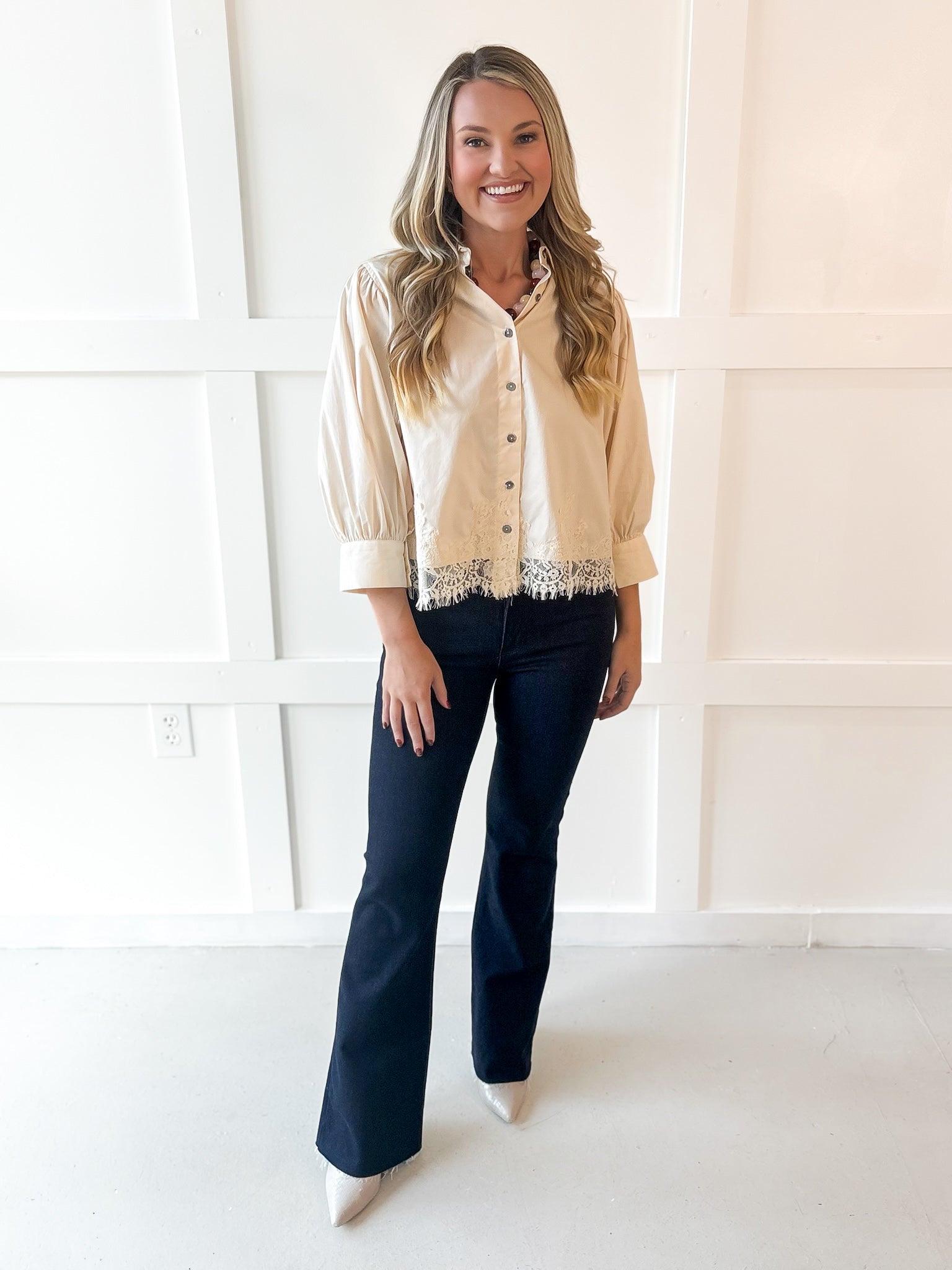 Accent Lace Collared Shirt - Ecru
