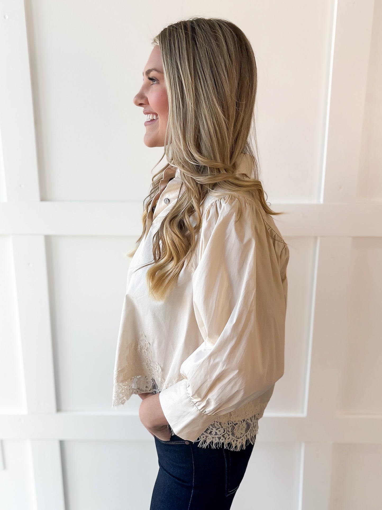 Accent Lace Collared Shirt - Ecru