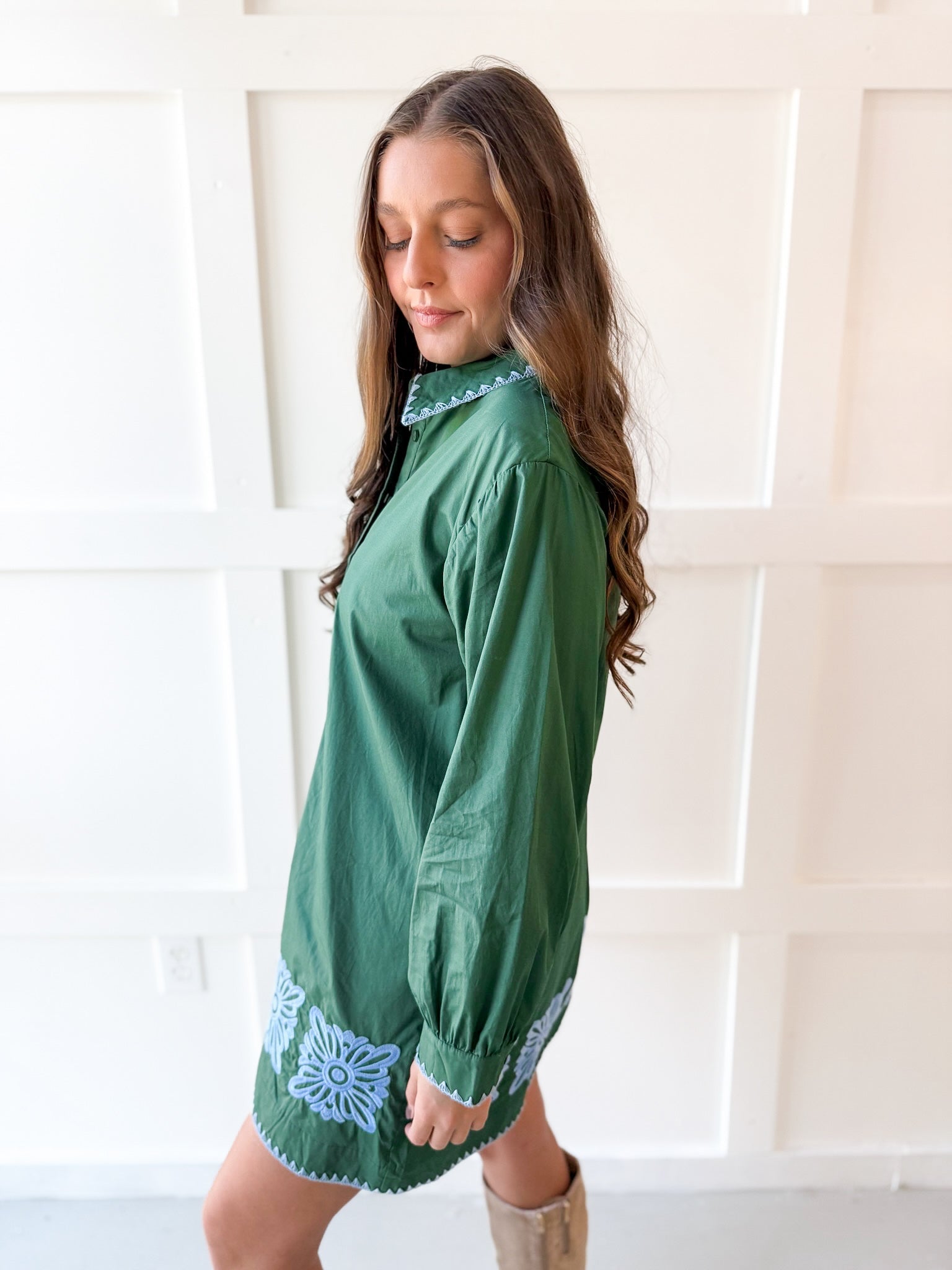Accent Trim Shift Dress - Green