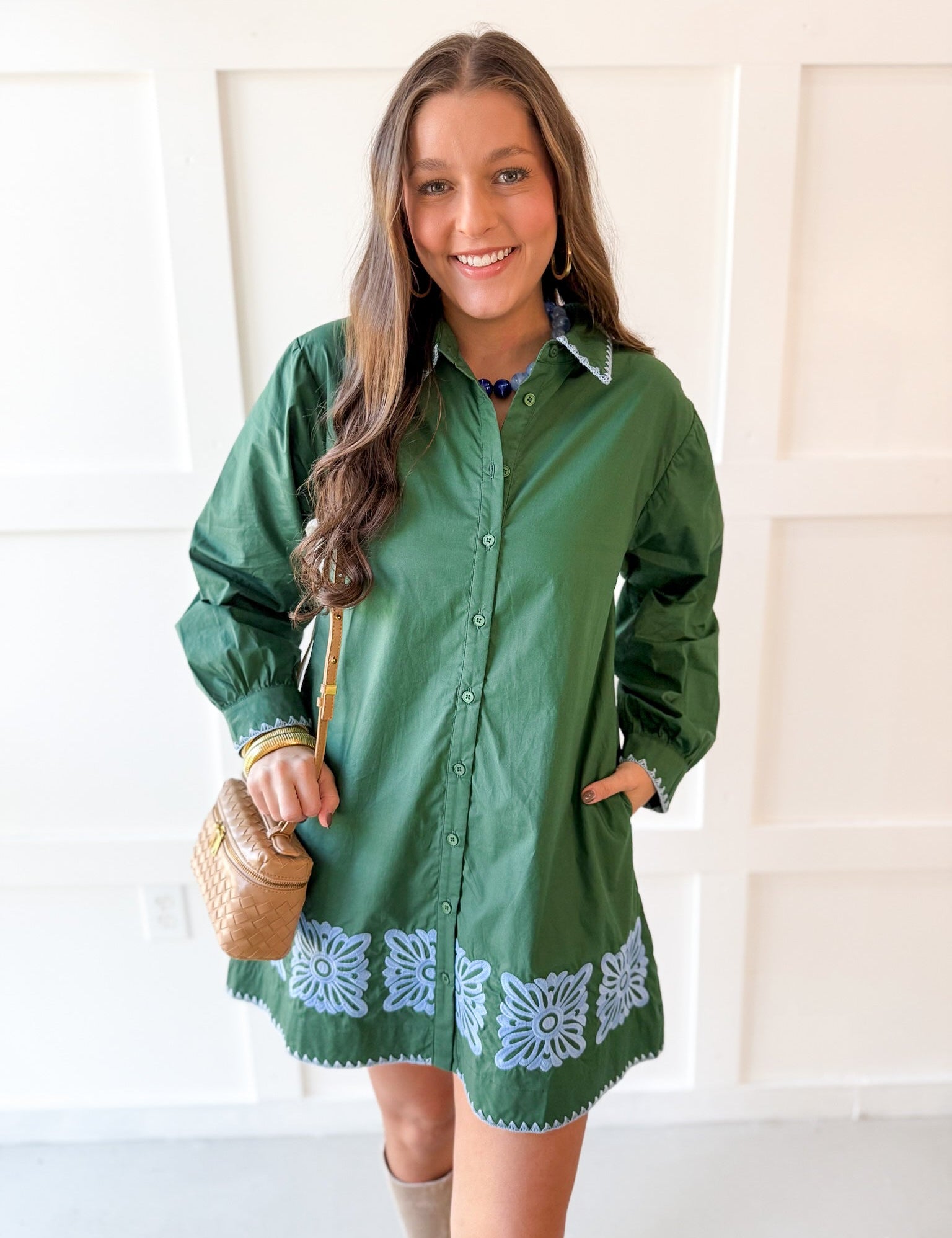 Accent Trim Shift Dress - Green