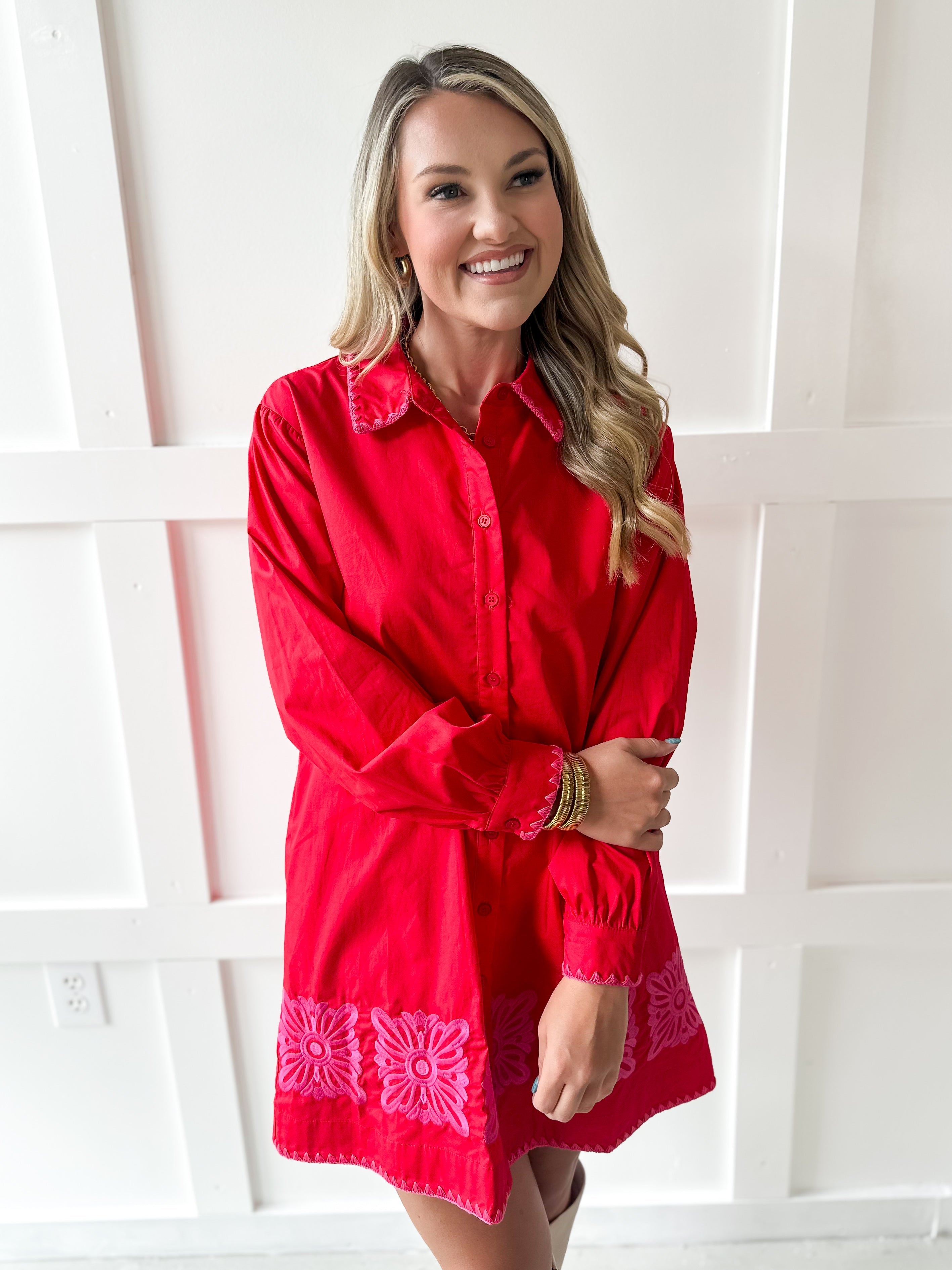 Accent Trim Shift Dress - Red