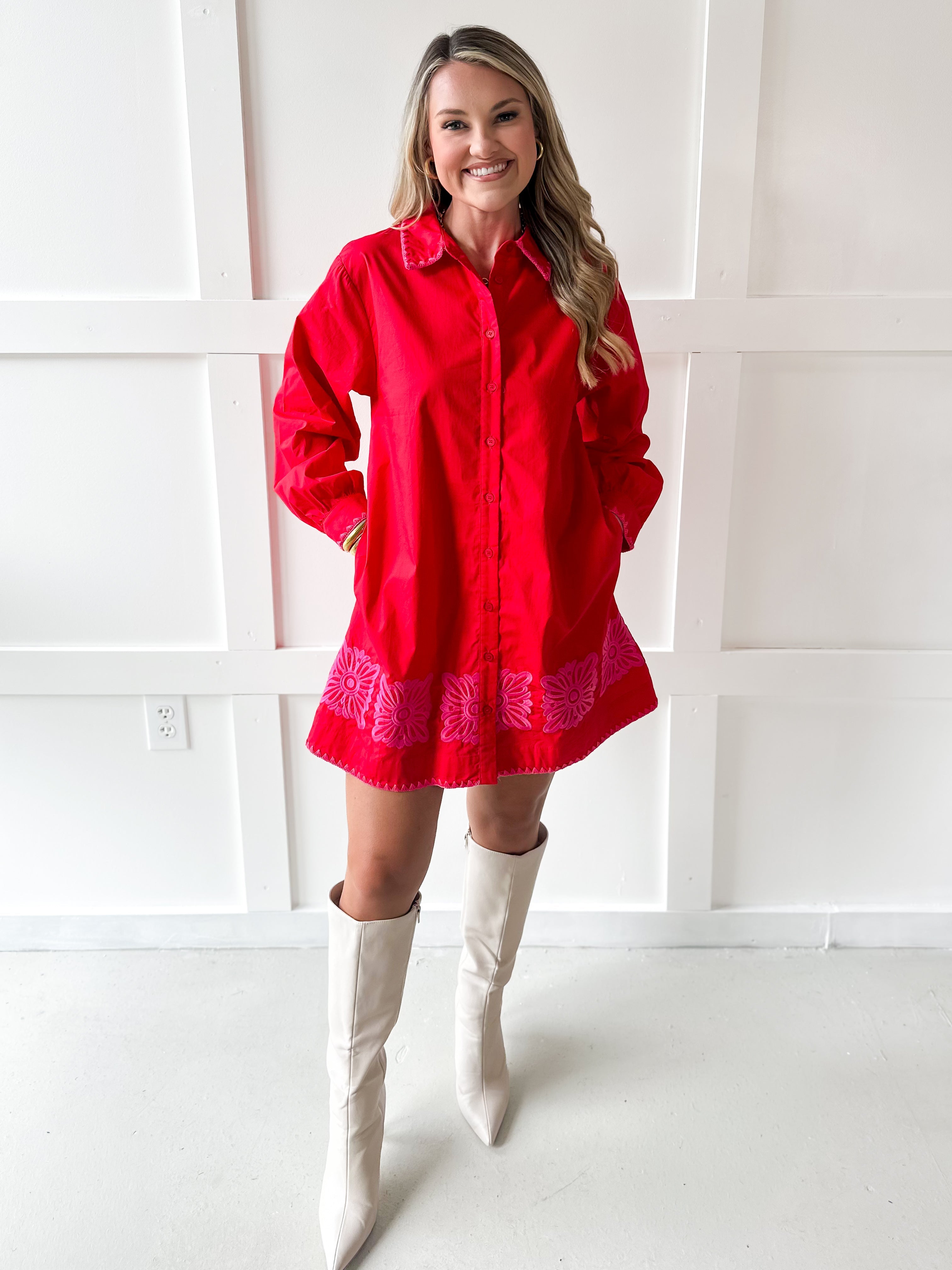 Accent Trim Shift Dress - Red