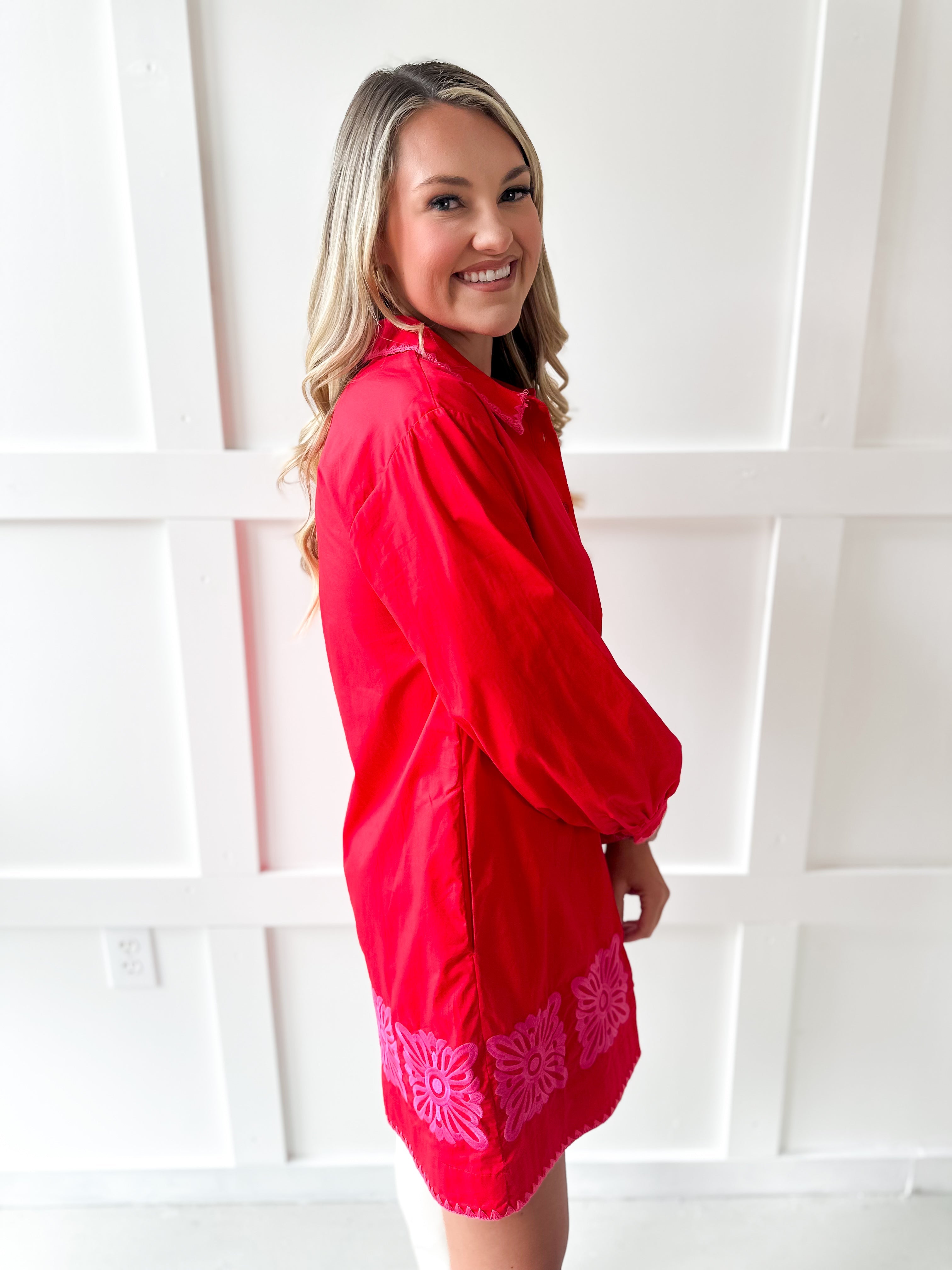 Accent Trim Shift Dress - Red