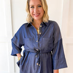 Adjustable Waist Button Down Shirt- Indigo
