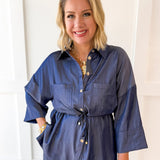 Adjustable Waist Button Down Shirt- Indigo