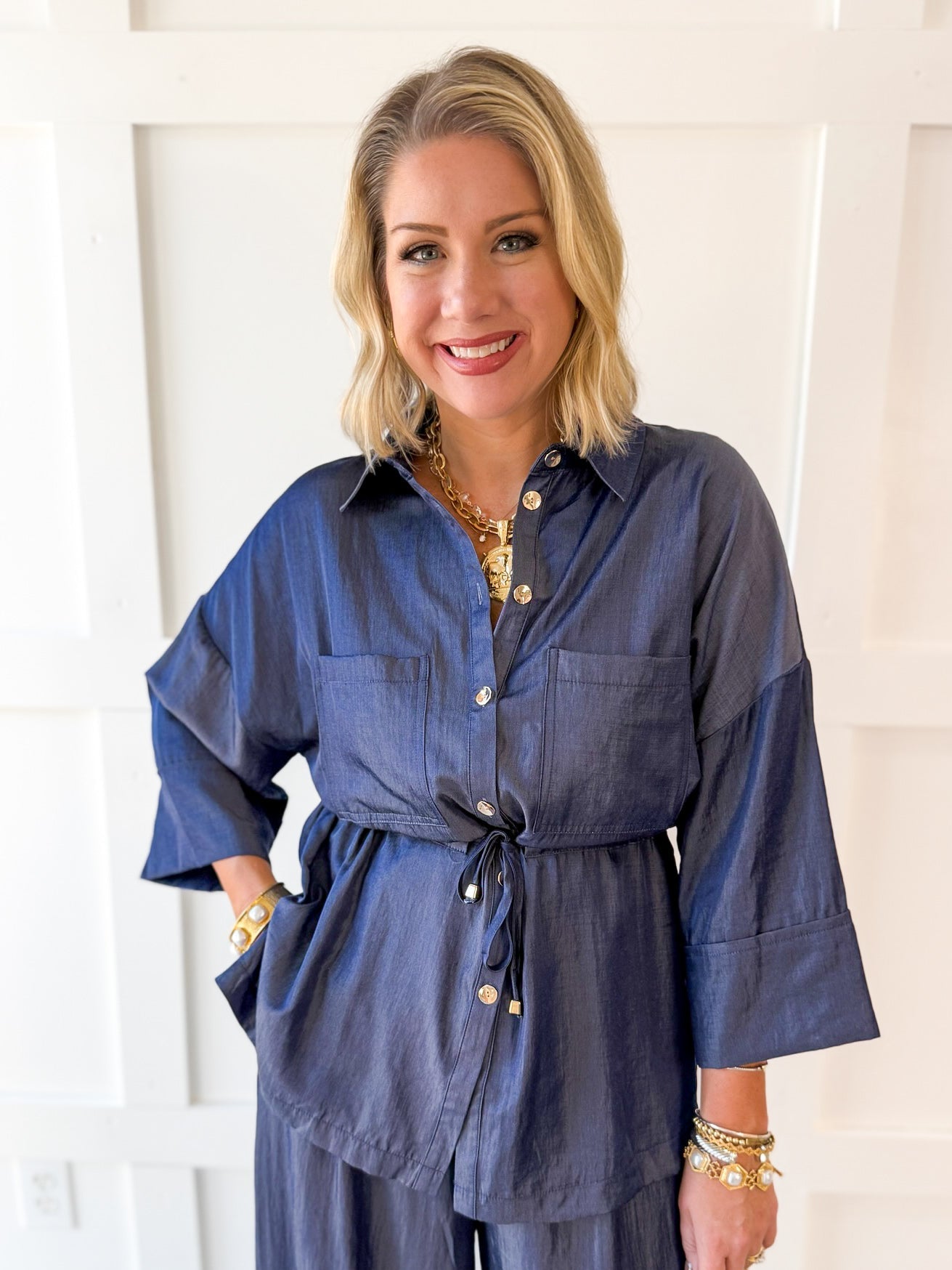 Adjustable Waist Button Down Shirt- Indigo