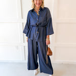 Adjustable Waist Button Down Shirt- Indigo