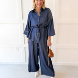 Adjustable Waist Button Down Shirt- Indigo